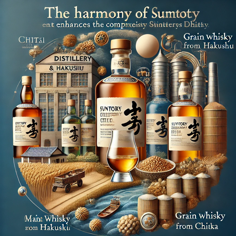 The meticulous production process at Chita Distillery, creating premium Japanese grain whisky.