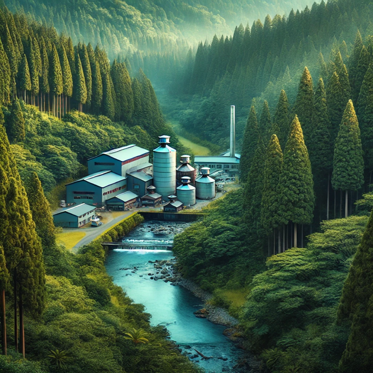 An aerial view of Miyagikyo Distillery surrounded by lush green forest in Sendai, Miyagi Prefecture.