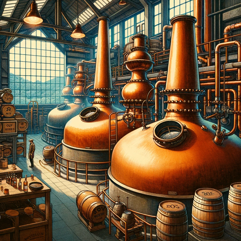  Shining copper stills at Miyagikyo Distillery used in the whisky distillation process.