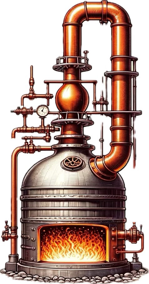 Shining copper stills at Miyagikyo Distillery used in the whisky distillation process.