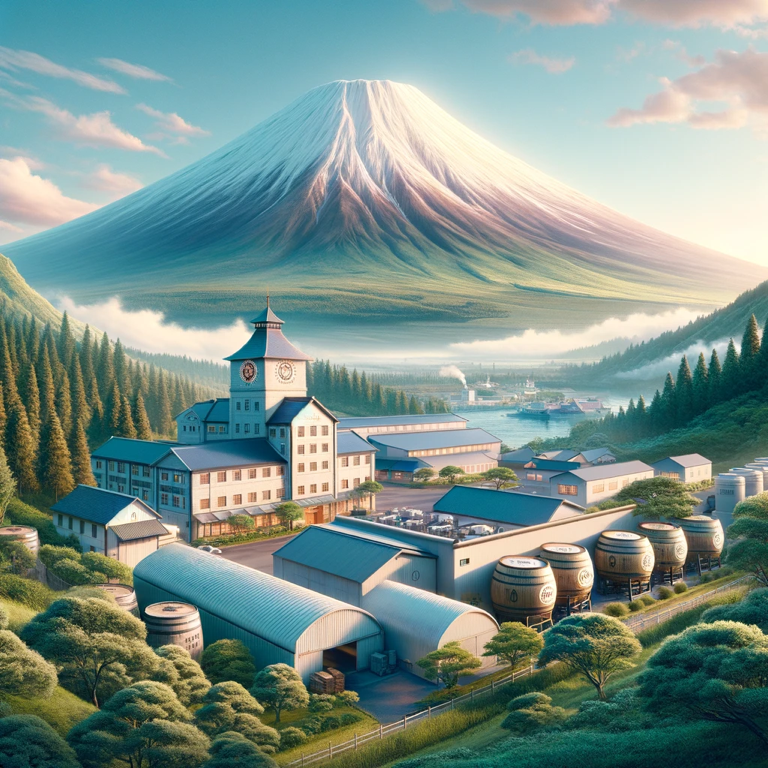 Overview of Kirin Gotemba Distillery nestled at the base of Mt. Fuji, showcasing Japanese craftsmanship and premium whisky production.