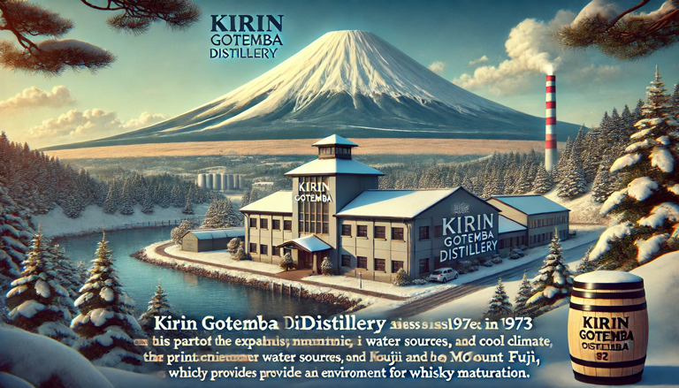 Overview of Kirin Gotemba Distillery nestled at the base of Mt. Fuji, showcasing Japanese craftsmanship and premium whisky productionO