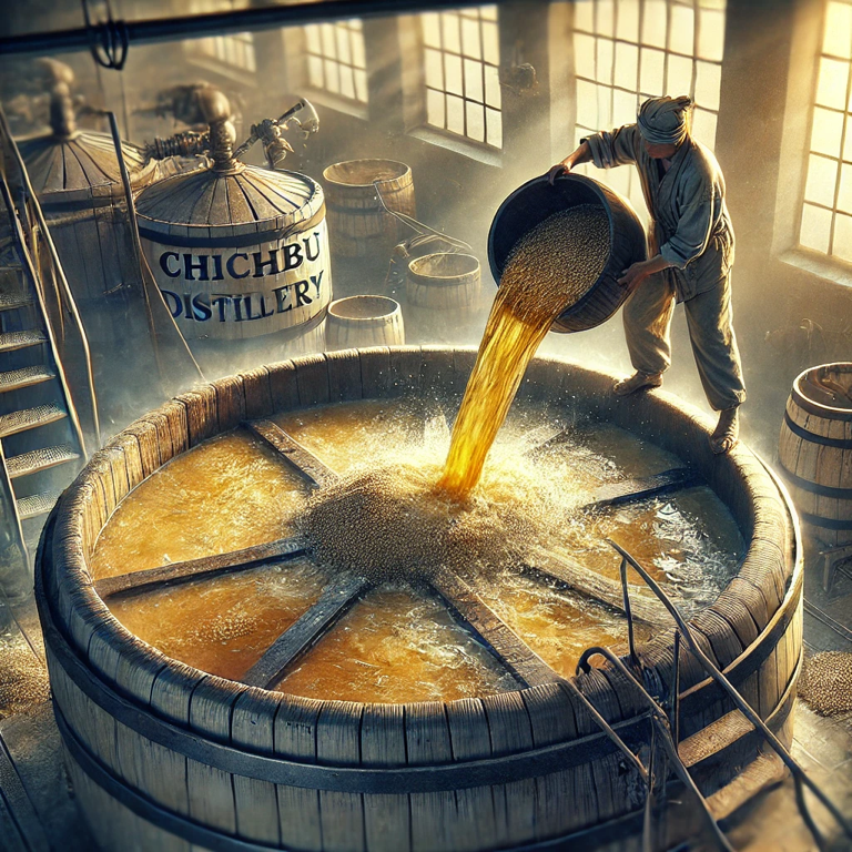 Production process of Chichibu Distillery, detailing the crafting of premium Japanese whisky.