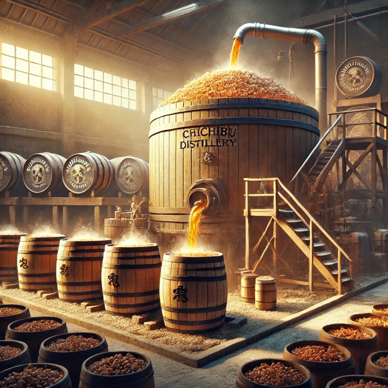 Production process of Chichibu Distillery, detailing the crafting of premium Japanese whisky.