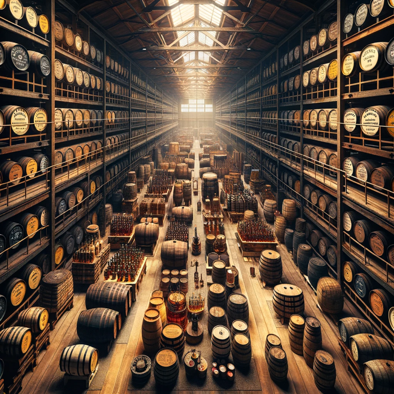 Aging casks at Chichibu Distillery, emphasizing the use of various wood types for aging their premium whisky.