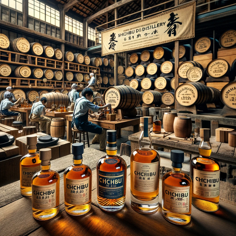 Aging casks at Chichibu Distillery, emphasizing the use of various wood types for aging their premium whisky.