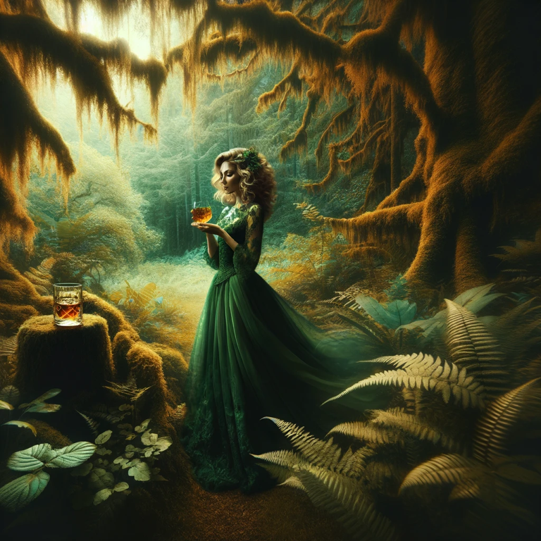 Ethereal and enchanting scene of beautiful women in a mystical forest, enjoying premium crafted whisky amidst lush emerald greens and earthy browns. A celebration of the refined interplay between femininity and the rich aroma of whisky.