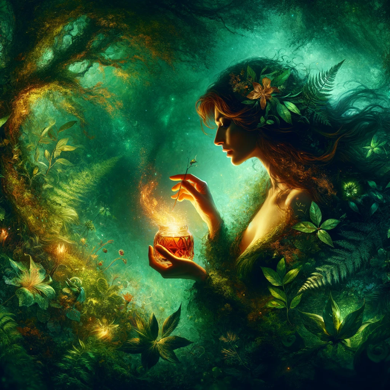 Ethereal and enchanting scene of beautiful women in a mystical forest, enjoying premium crafted whisky amidst lush emerald greens and earthy browns. A celebration of the refined interplay between femininity and the rich aroma of whisky.