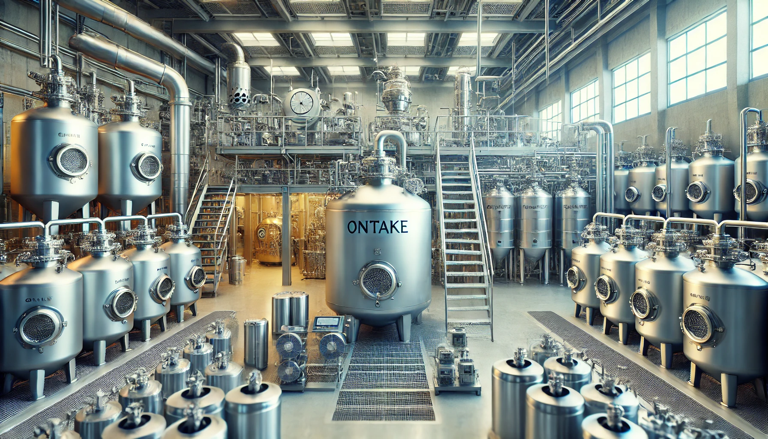 Copper pot stills and various casks used in whisky and shochu production at Ontake Distillery.