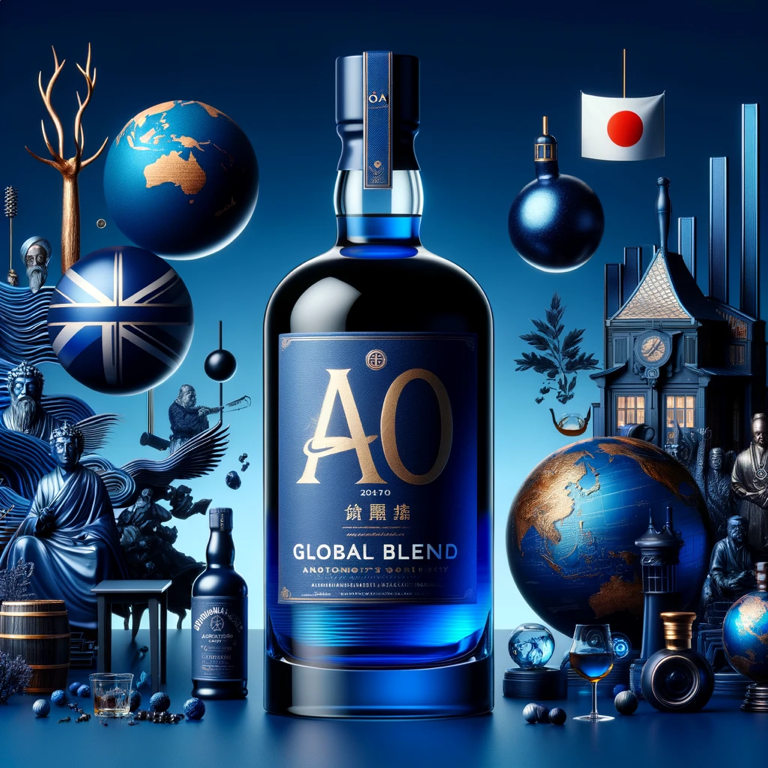 Suntory AO Whisky bottle representing the unique blend of five world whiskies.