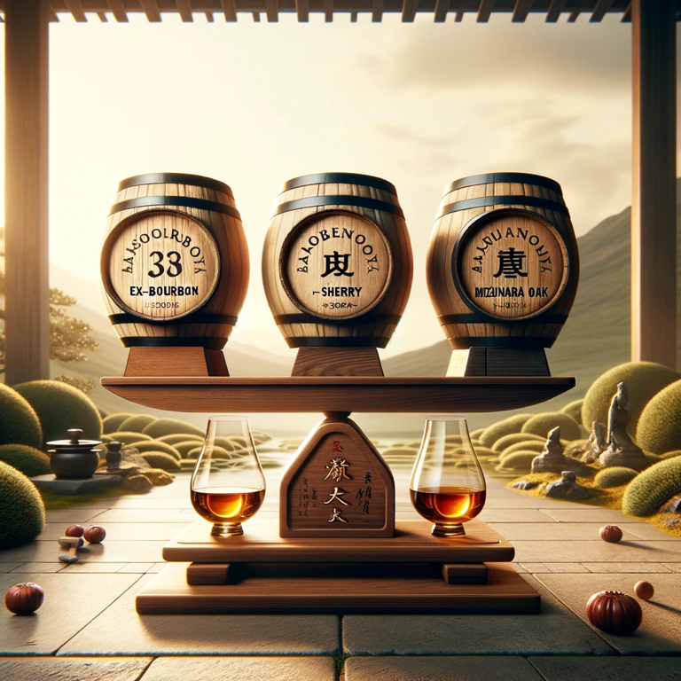 The blending process of Suntory AO Whisky, combining five distinct world whiskies.