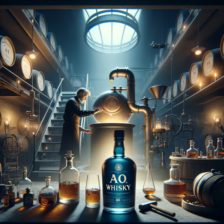 The blending process of Suntory AO Whisky, combining five distinct world whiskies.