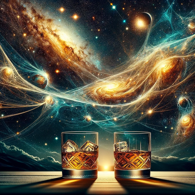 “Galactic Tapestry with whisky, a poetic depiction of stars, planets, and galaxies woven into a cosmic symphony on the ‘Void’s Canvas,’ highlighting the delicate artistry of whisky.”