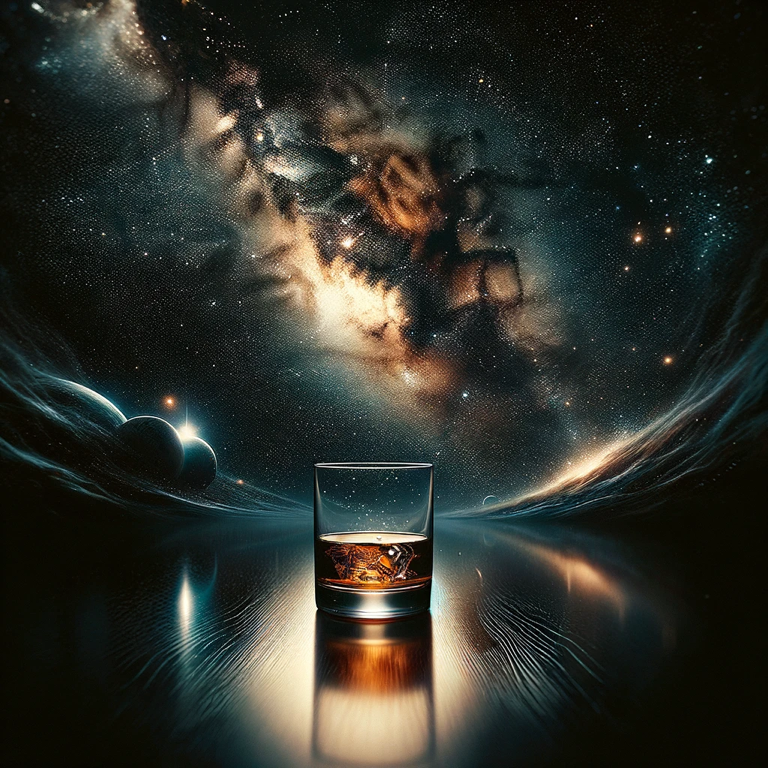 “Galactic Tapestry with whisky, a poetic depiction of stars, planets, and galaxies woven into a cosmic symphony on the ‘Void’s Canvas,’ highlighting the delicate artistry of whisky.”