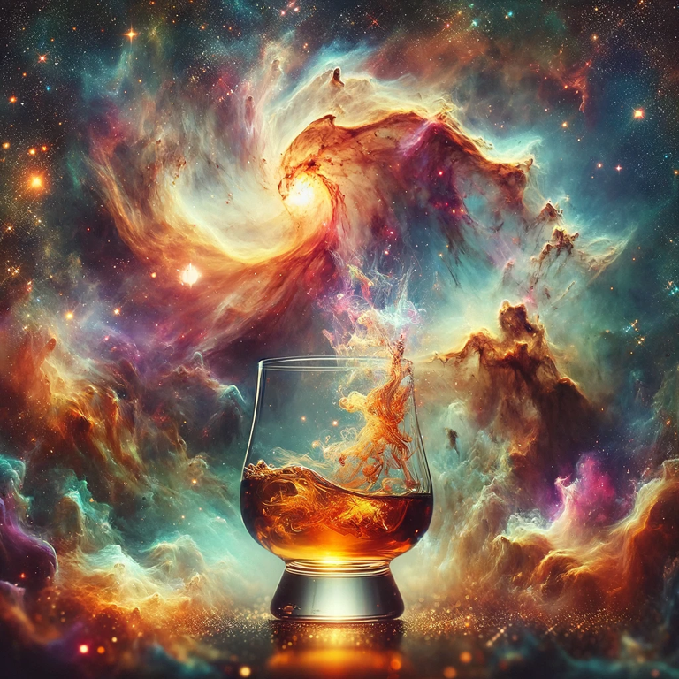 “Galactic Tapestry with whisky, a poetic depiction of stars, planets, and galaxies woven into a cosmic symphony on the ‘Void’s Canvas,’ highlighting the delicate artistry of whisky.”