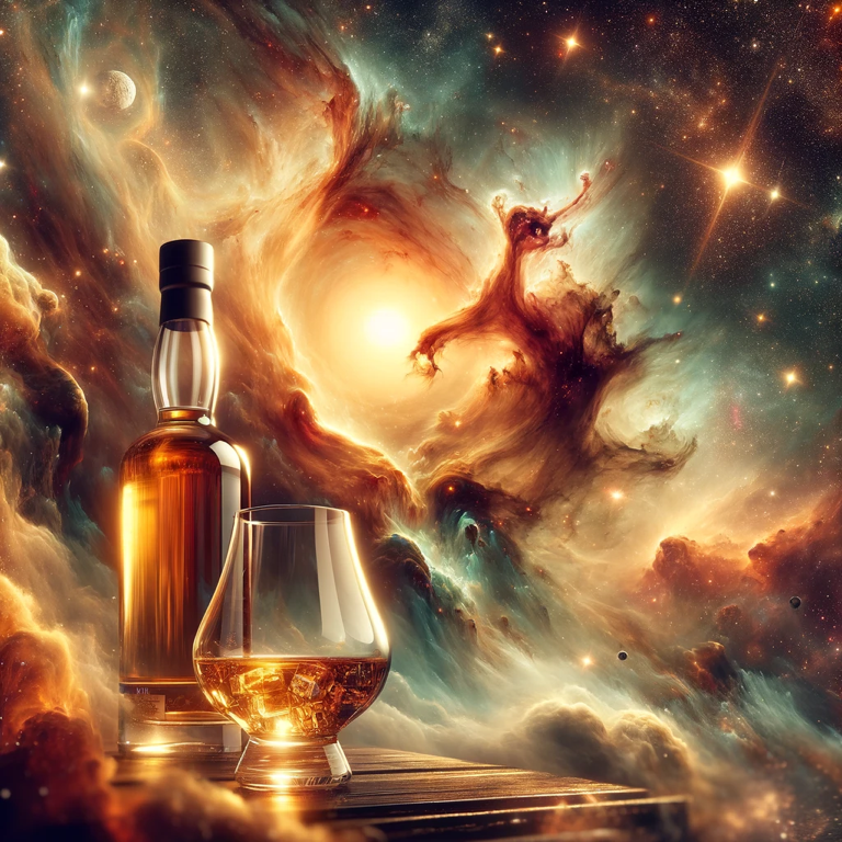 “Galactic Tapestry with whisky, a poetic depiction of stars, planets, and galaxies woven into a cosmic symphony on the ‘Void’s Canvas,’ highlighting the delicate artistry of whisky.”