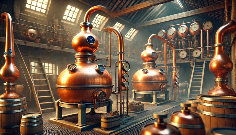 Copper stills in the whisky production process, showcasing traditional distillation techniques essential for crafting premium Japanese whisky, small batch whisky, cask-aged spirits, and award-winning handcrafted whisky.”