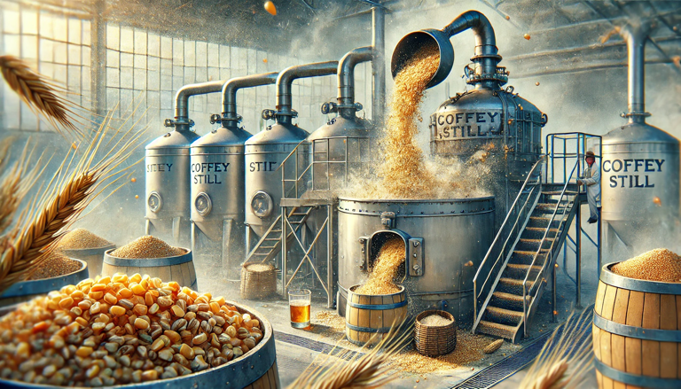 “Coffey stills in the whisky production process, highlighting precision distillation techniques essential for crafting premium Japanese whisky, small batch spirits, and award-winning whisky.”