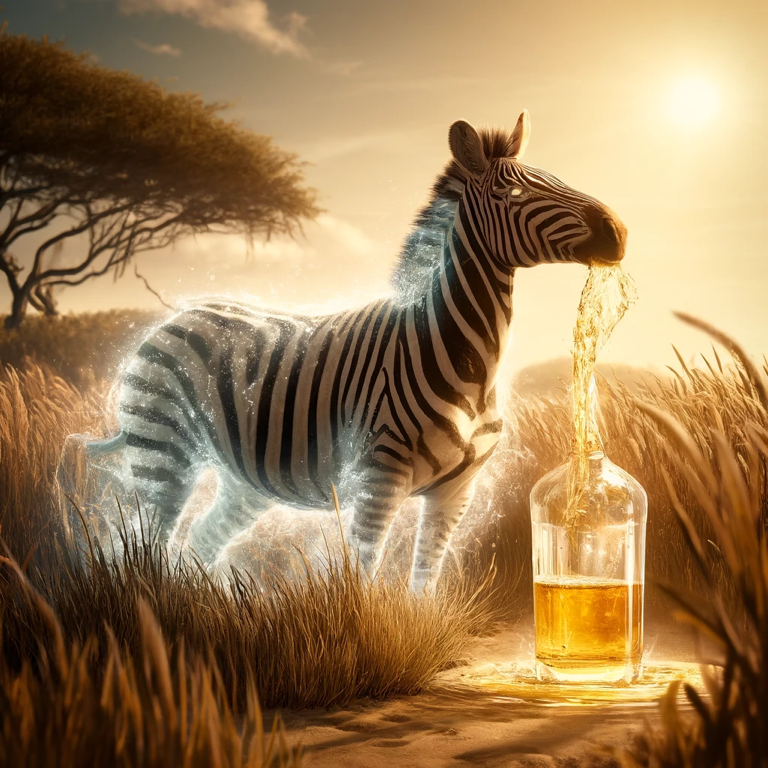 “Enchanted crafted whisky transforming animals, like a zebra gaining immense size, strength, and transparency, fulfilling their wildest dreams in a realm of premium small-batch spirits, perfect for whisky lovers and enthusiasts