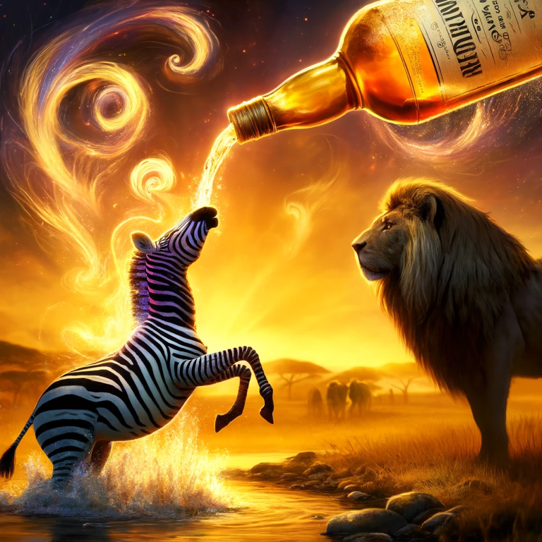 “Enchanted crafted whisky transforming animals, like a zebra gaining immense size, strength, and transparency, fulfilling their wildest dreams in a realm of premium small-batch spirits, perfect for whisky lovers and enthusiasts