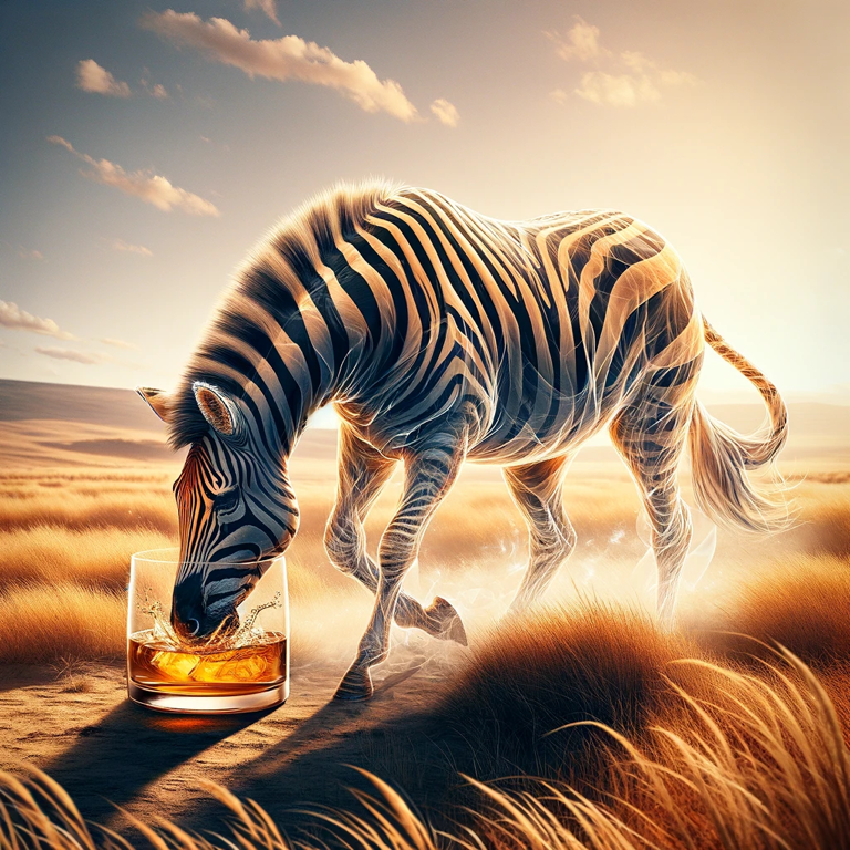 “Enchanted crafted whisky transforming animals, like a zebra gaining immense size, strength, and transparency, fulfilling their wildest dreams in a realm of premium small-batch spirits, perfect for whisky lovers and enthusiasts