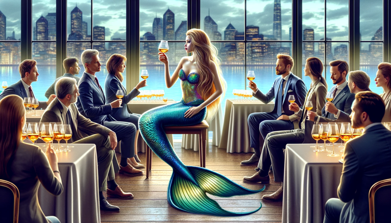 A knowledgeable mermaid distiller explaining the ocean’s crucial role in enhancing the flavor of handcrafted whisky through pressure and temperature.”