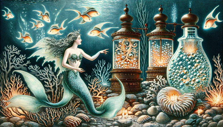 A knowledgeable mermaid distiller explaining the ocean’s crucial role in enhancing the flavor of handcrafted whisky through pressure and temperature.”