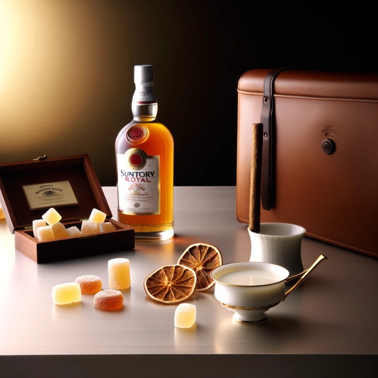 Suntory Royal Whisky glass, releasing its complex aroma of fruit, spice, and oak.