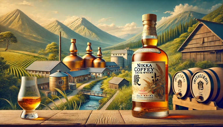 Bottle of Nikka Coffey Grain Whisky, premium Japanese whisky with a golden amber hue, crafted using traditional Coffey stills.