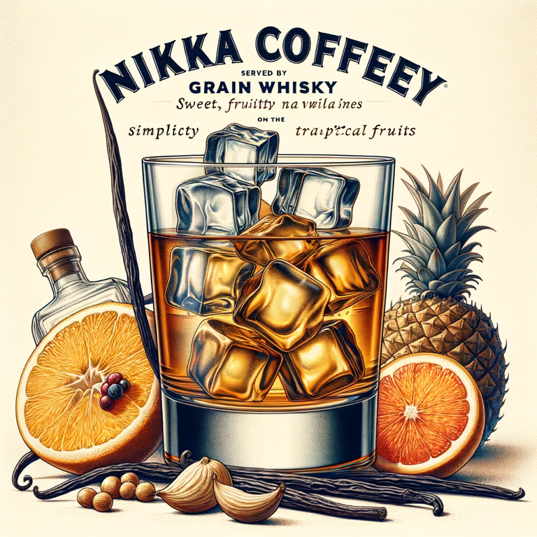 Nikka Coffey Grain Whisky aromas of tropical fruits, vanilla, toffee, and spices.