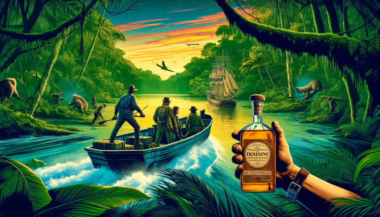 Time-traveling journey to the Amazon River, crafting Anaconda Amazon Whisky with the spirit of the jungle, matured in copper pot stills guarded by an anaconda.