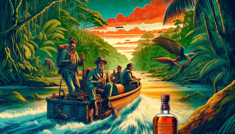 Time-traveling journey to the Amazon River, crafting Anaconda Amazon Whisky with the spirit of the jungle, matured in copper pot stills guarded by an anaconda.