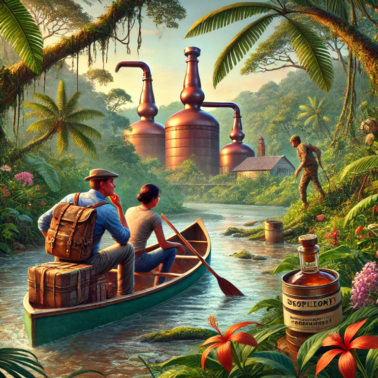 Time-traveling journey to the Amazon River, crafting Anaconda Amazon Whisky with the spirit of the jungle, matured in copper pot stills guarded by an anaconda.