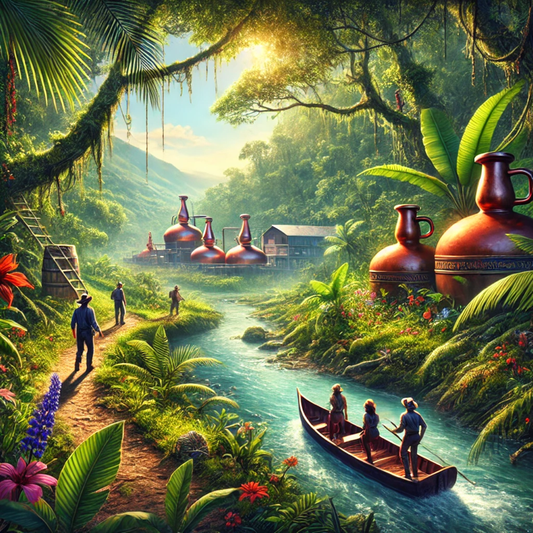 Time-traveling journey to the Amazon River, crafting Anaconda Amazon Whisky with the spirit of the jungle, matured in copper pot stills guarded by an anaconda.