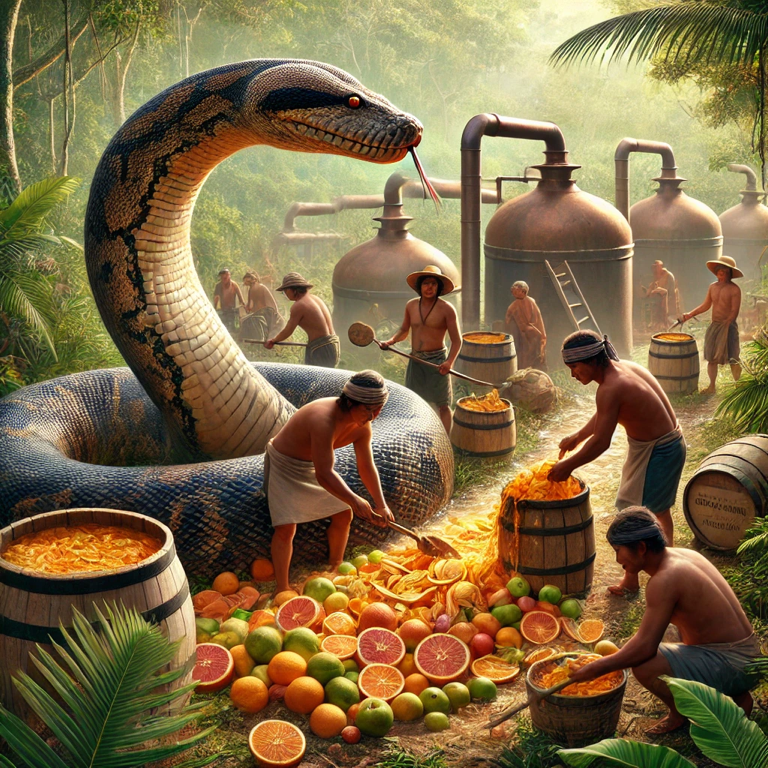 Time-traveling journey to the Amazon River, crafting Anaconda Amazon Whisky with the spirit of the jungle, matured in copper pot stills guarded by an anaconda.