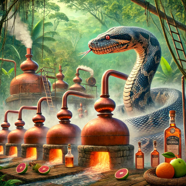 Time-traveling journey to the Amazon River, crafting Anaconda Amazon Whisky with the spirit of the jungle, matured in copper pot stills guarded by an anaconda.