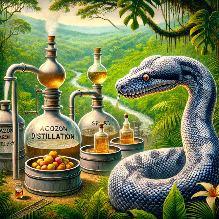 Time-traveling journey to the Amazon River, crafting Anaconda Amazon Whisky with the spirit of the jungle, matured in copper pot stills guarded by an anaconda.