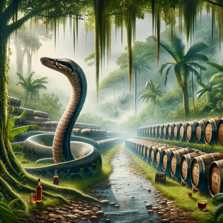 Time-traveling journey to the Amazon River, crafting Anaconda Amazon Whisky with the spirit of the jungle, matured in copper pot stills guarded by an anaconda.