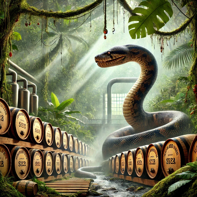 Time-traveling journey to the Amazon River, crafting Anaconda Amazon Whisky with the spirit of the jungle, matured in copper pot stills guarded by an anaconda.