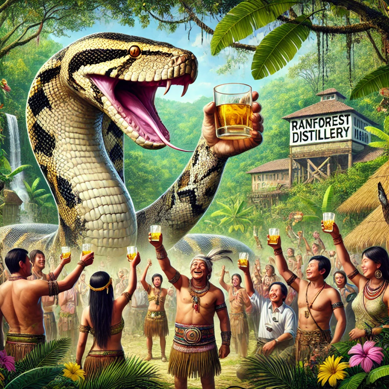 Time-traveling journey to the Amazon River, crafting Anaconda Amazon Whisky with the spirit of the jungle, matured in copper pot stills guarded by an anaconda.