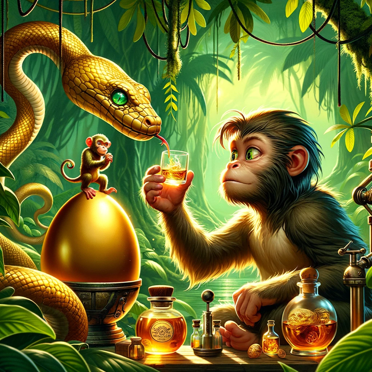 Whisky of the Golden Serpent, a tale crafted for whisky lovers, featuring a big snake, intelligent monkey, golden eggs, and over 1000 years of whisky maturation.”