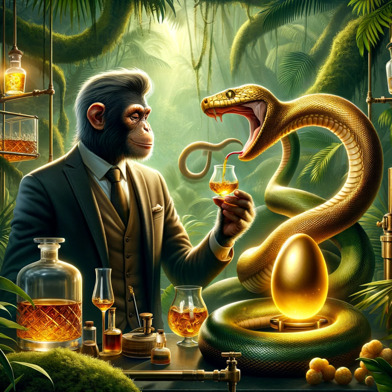 Whisky of the Golden Serpent, a tale crafted for whisky lovers, featuring a big snake, intelligent monkey, golden eggs, and over 1000 years of whisky maturation.”