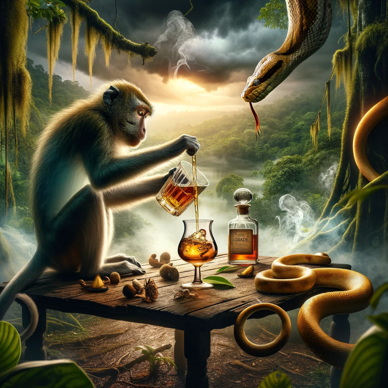 Whisky of the Golden Serpent, a tale crafted for whisky lovers, featuring a big snake, intelligent monkey, golden eggs, and over 1000 years of whisky maturation.”