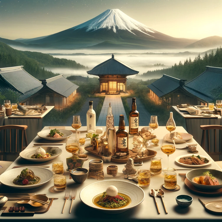 Kirin Gotemba whisky paired with traditional Japanese dishes like sashimi, grilled meats, and seasonal vegetables, enhancing the flavors for whisky lovers.