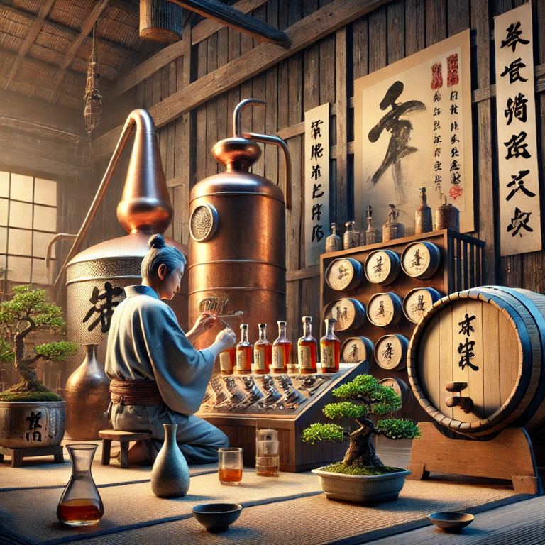 Traditional fermentation vessels in a Japanese distillery showcasing the shared techniques in sake and whisky creation.