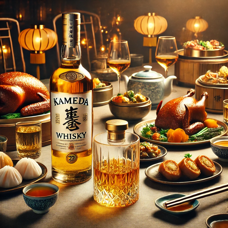 Niigata Kameda whisky paired with gourmet food, showcasing perfect harmony with culinary delights.