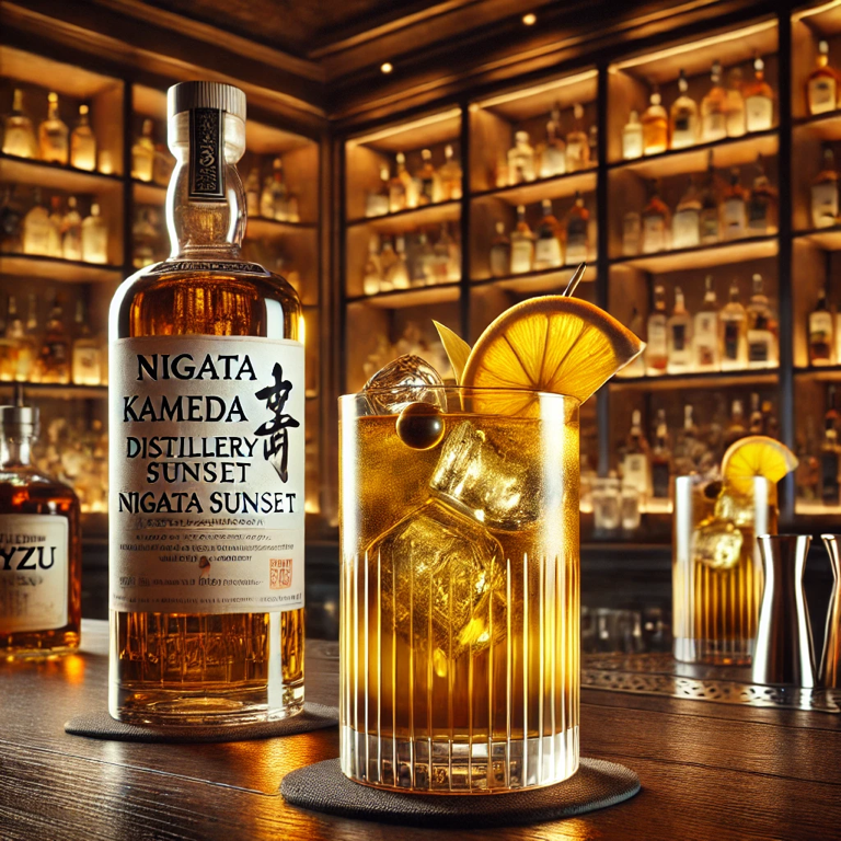 Niigata Kameda whisky paired with gourmet food, showcasing perfect harmony with culinary delights.