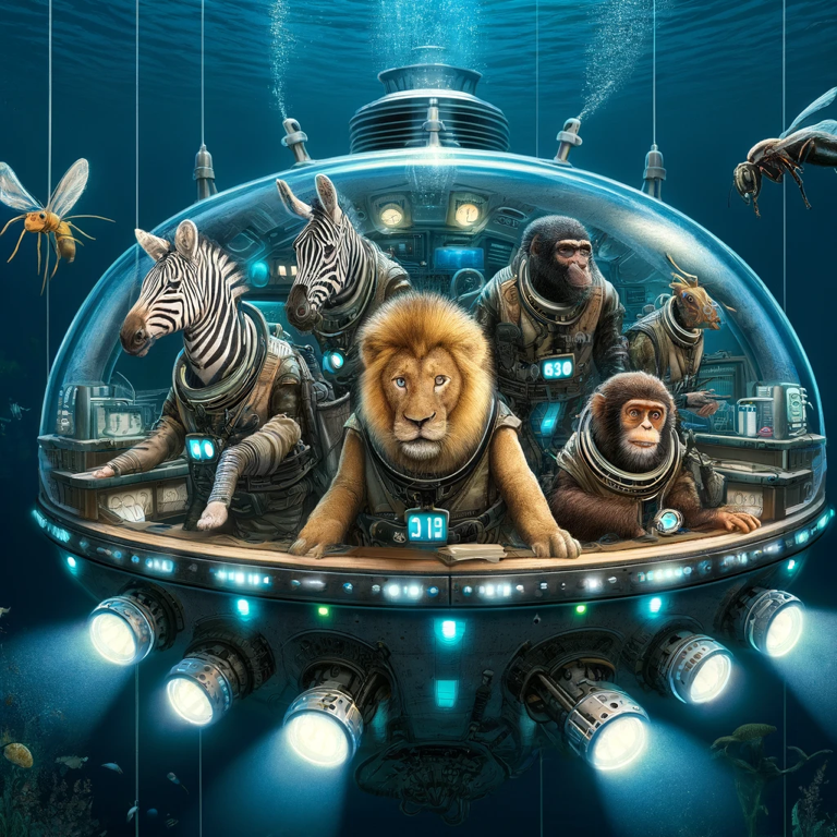 “A team of zebra, lion, ant, monkey, and gorilla showcasing whisky craftsmanship in an underground distillery, captivating whisky lovers and enthusiasts in a mystical deep sea kingdom.”