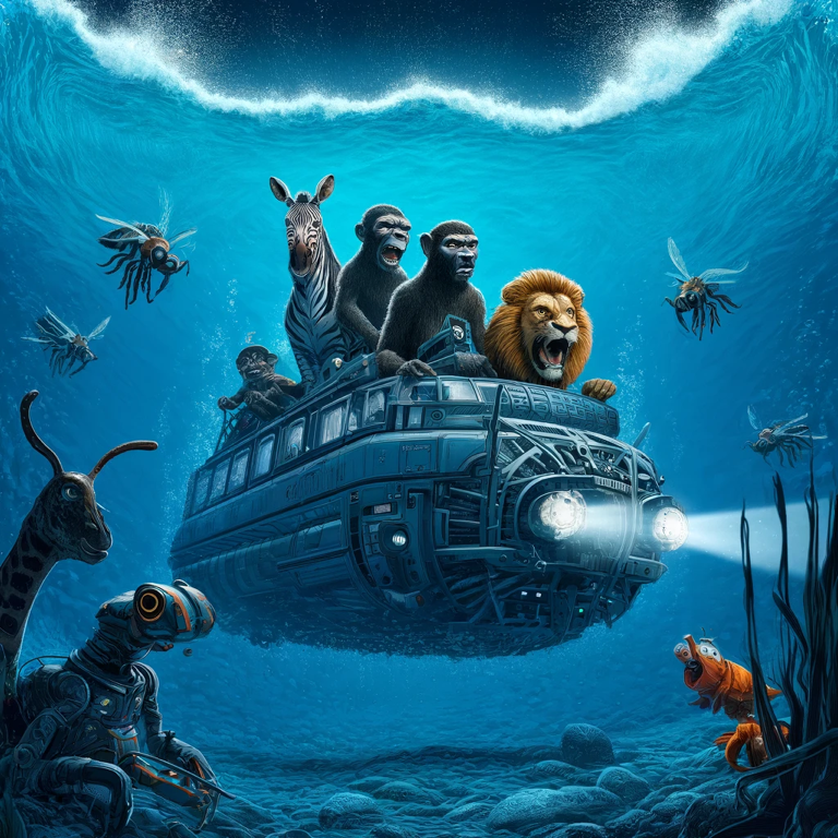 “A team of zebra, lion, ant, monkey, and gorilla showcasing whisky craftsmanship in an underground distillery, captivating whisky lovers and enthusiasts in a mystical deep sea kingdom.”