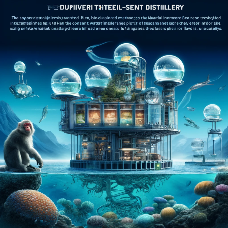 A team of zebra, lion, ant, monkey, and gorilla showcasing whisky craftsmanship in an underground distillery, captivating whisky lovers and enthusiasts in a mystical deep sea kingdom